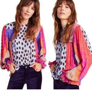 ANTHRPOLOGIE BL^NK London Patchwork Print Viscose Long Sleeve Smocked Wrist Top